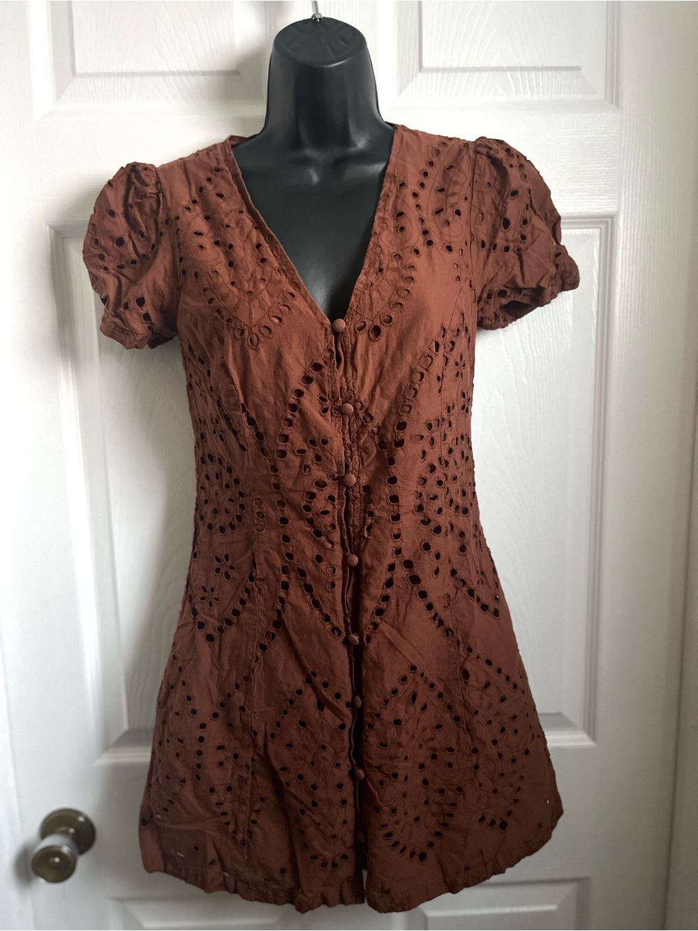 Primark Brown Broderie Anglaise Eyelet Mini Dress 4 Small Boho Brown Lace Button